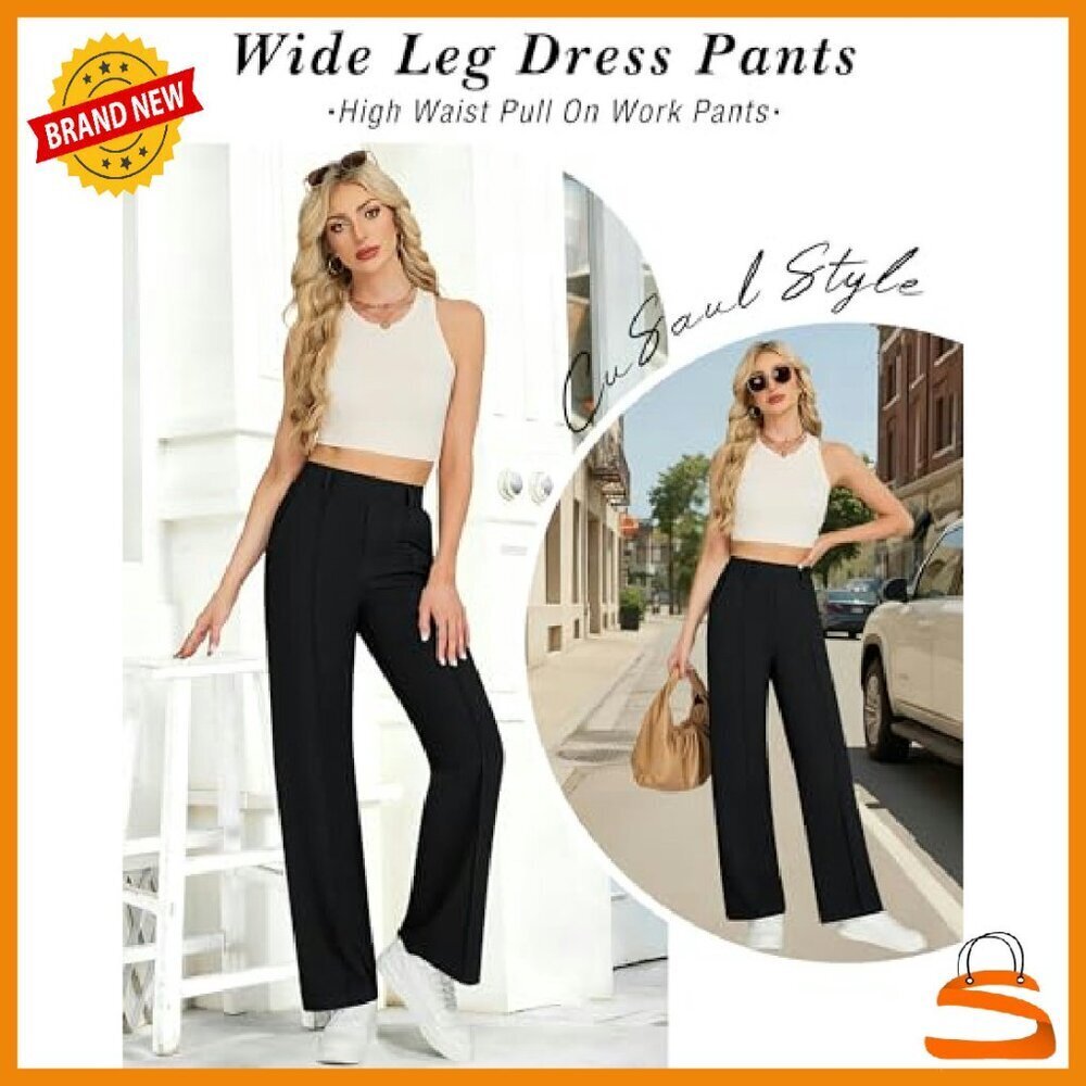 Women's Wide Leg Pull On Stretchy Dress Pants High Waisted Work Trousers - Picture 5 of 8